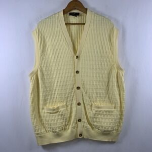Cotton Traders Mens 100% Cotton Basket Weave Sweater Vest XL Pale Yellow Pockets